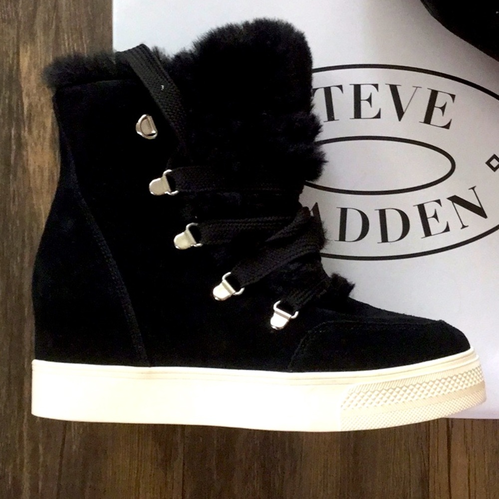 Steve Madden black suede and faux fur sneakers